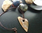 Fossilized Coral Rustic Heart Necklace -Tan, Orange, Gray, Brown on Brown Leather