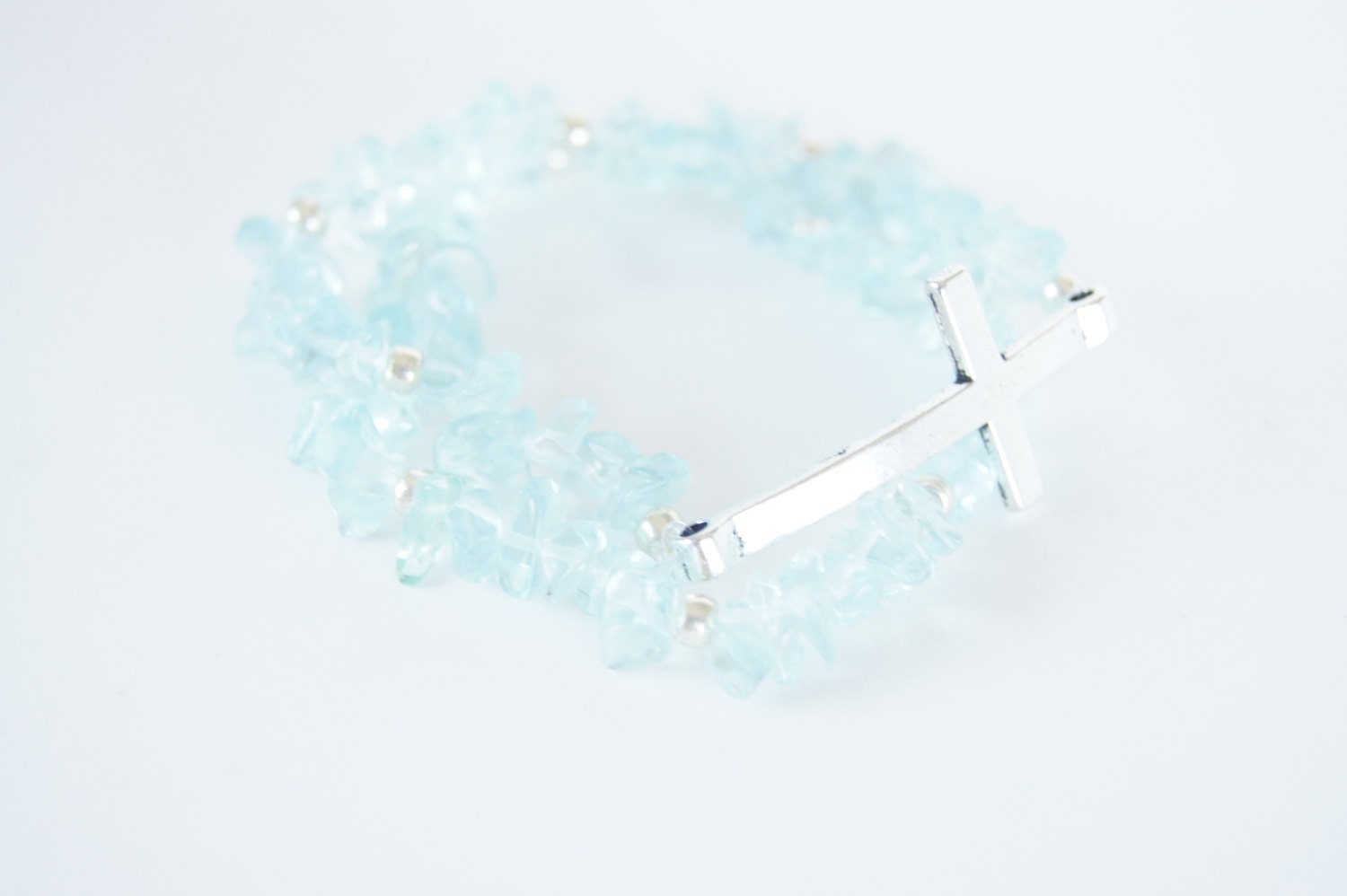Aqua Glass Chip Silver Cross Bracelets, Stack Bracelets, Layers, Springtime, Spring Fashion
