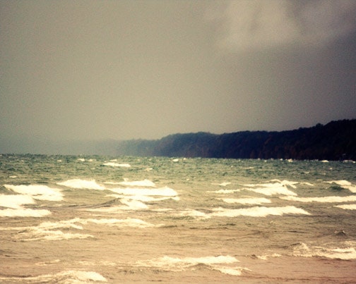 Beach Photograph - water sand storm dark sky Lake Michigan St Joseph North Pier waves white caps 8x10