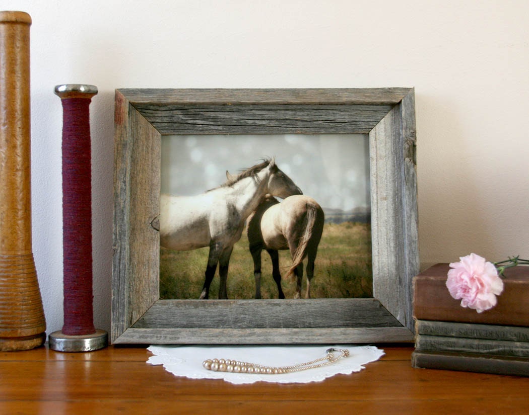 Framed Horse Photograph - rustic barn wood frame horses mustangs country western ready to hang 8x10 photograph in 11x14 frame