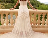 Vintage 40s Wedding Dress in French Chantilly Lace and Silk Chiffon Skirt and Train Sweetheart Illusion Neckline