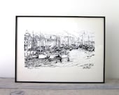 Vintage Black and White Pen and Ink Wharf Drawing with Metal Frame