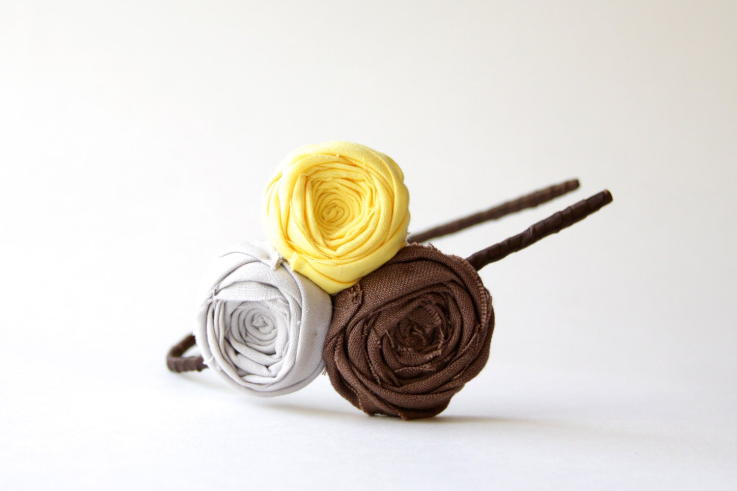 SALE Rosette Headband Cotton Flowers Linen Rosette Headband Brown Yellow Gray Flowers