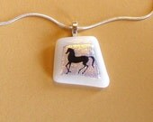 Dichroic Fused Glass Pendant Necklace with Black Horse Decal, White, Light Pink