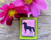 Pink and Green Dichroic Fused Glass Pendant Necklace, Black Horse Decal