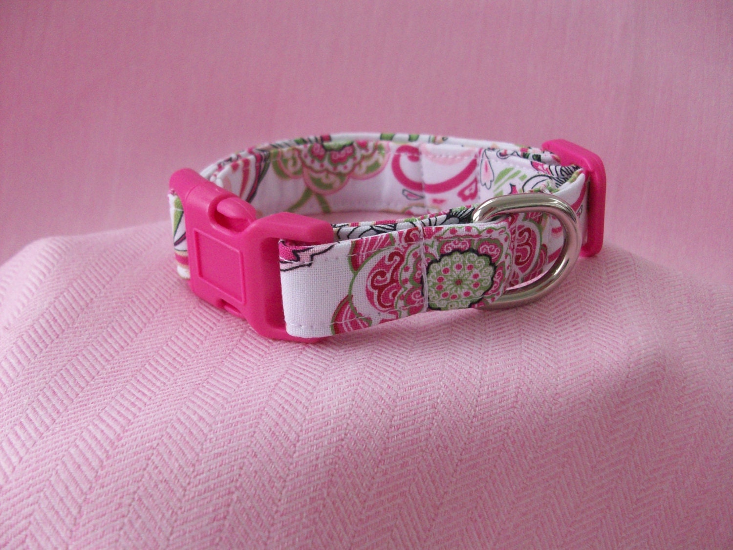 Hot Pink Paisley Floral  Dog Collar or Cat Breakaway Collar Custom Made Your Choice