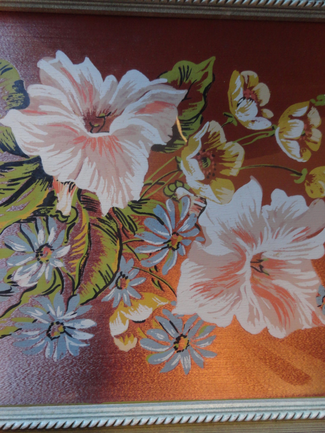 FLORAL PAINTING 1940s Flowers on Pink Silk Cottage Chic Hollywood Regency Girly Boudoir
