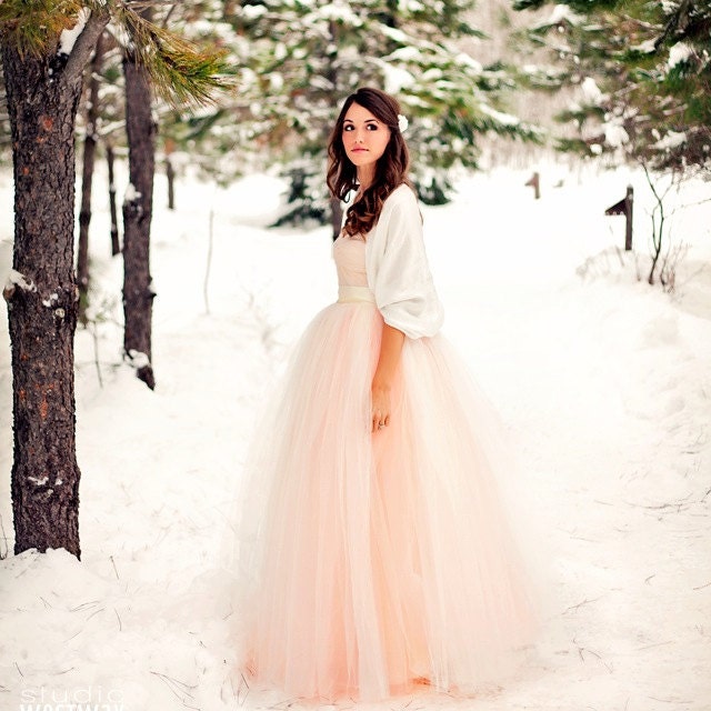 Full length blush tulle full length skirt. Ivory and antique pink tulle lined in ivory satin for women. Weddings and formal wear.