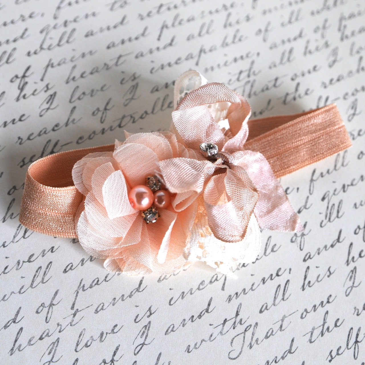 Vintage peach and nude  blossom and lace bows headband. Rhinestone and pearl embellishments. Baby christening, photo prop, Flower Girl