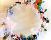 Flower Girl Floral Wreath Circelet.  Handmade with tulle, flowers, ribbon, butterfly and floral balls. Fairy princess birthday crown.