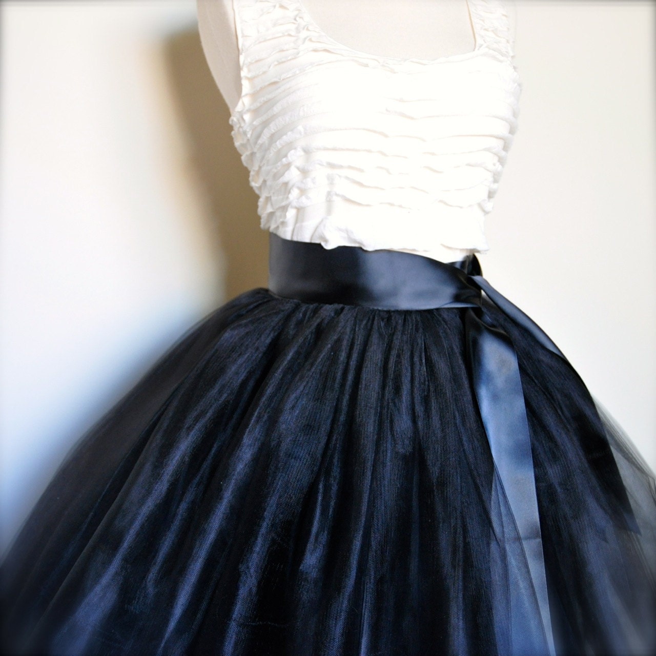 Short black tutu skirt for women-- lined with black satin and a black satin ribbon waist. Drama Chic.
