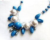SUMMER SALE Blue White Statement Neckalce - Chunky Statement Beaded Necklace