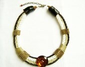 SUMMER SALE Statement Collar Necklace Safari - Earth.Gold. Leather -  Ropes, Swarovski chains, Genuine Leather, Rhinestones