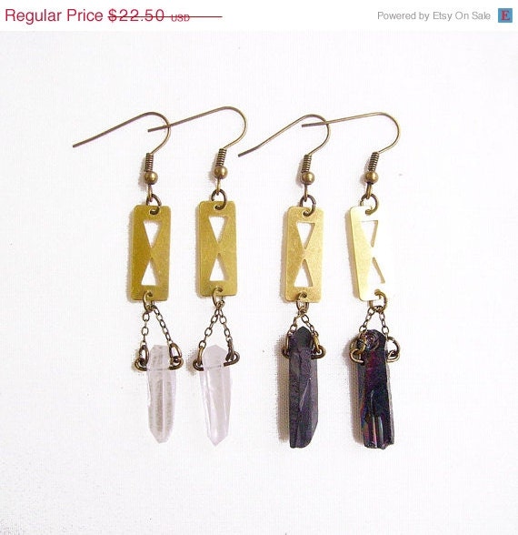 SUMMER SALE Geometric  Quartz Earrings, Black Titanium Quartz or Clear Quartz earrings - Your Choice