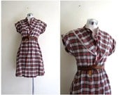 SALE Vintage 1970's Dress // Plaid Western Mini Dress Lace // xs