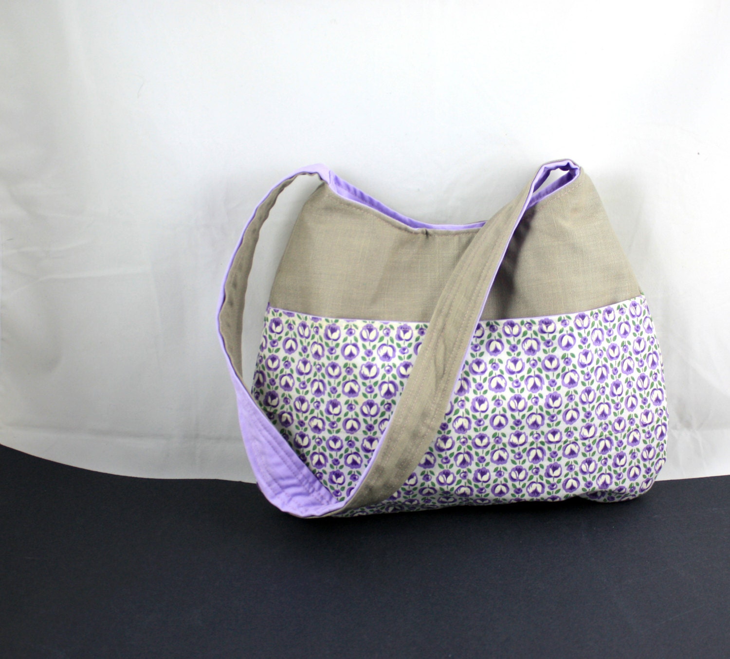 The Millie Bag by Nstarstudio - Hobo Shoulder Sling Bag- Recycled Fabrics in Purple Floral Print and Gray  Cotton Blend