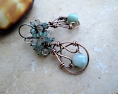 larimar earrings in copper with aquamarine and apatite