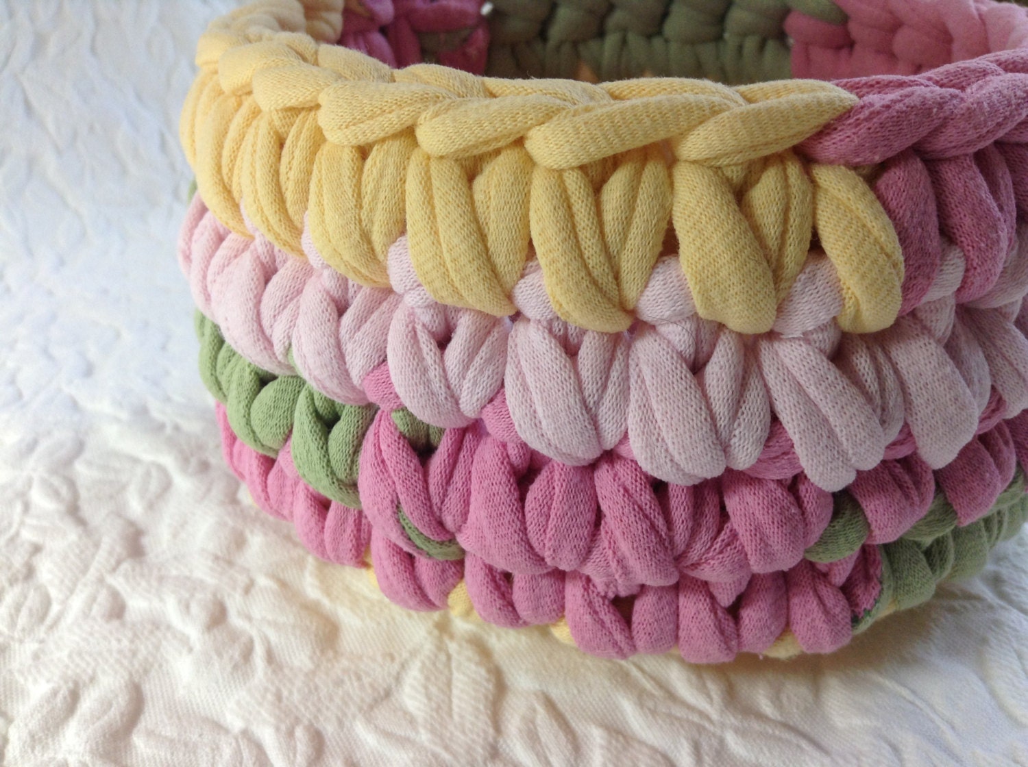 Pastel cotton crocheted baskets created from recycled t shirts