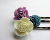 Three shabby chic flower hair pins, floral bobby pins, creamy linen, African Violet, and slate blue
