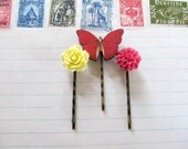 Butterfly and flower hair pins, botanical floral bobby pins, shabby chic hair accessories, flower bobby pins