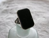 Vintage Sterling Art Deco jet glass ring circa the 1920's - size 5 3/4
