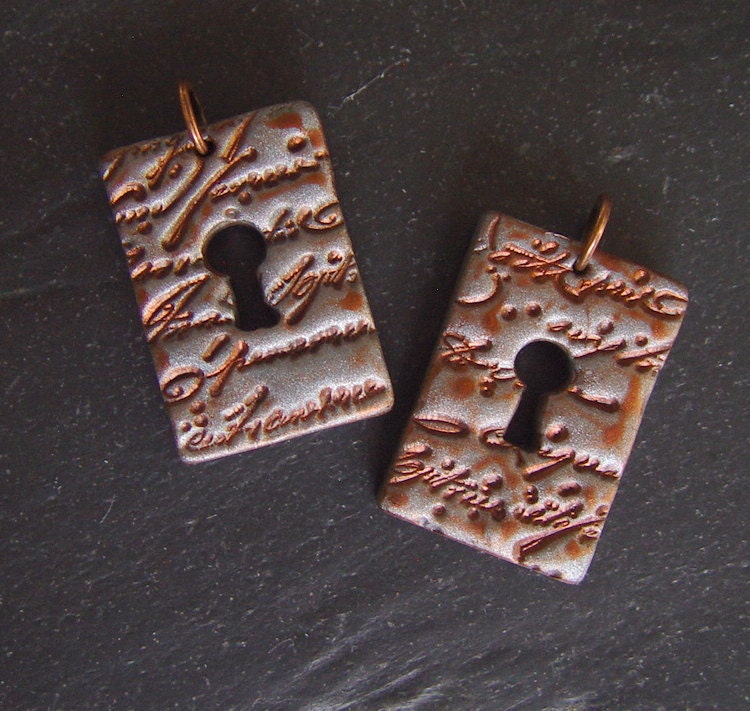 Antique Copper and Silver Keyhole Pendant with Old Vintage Style Script