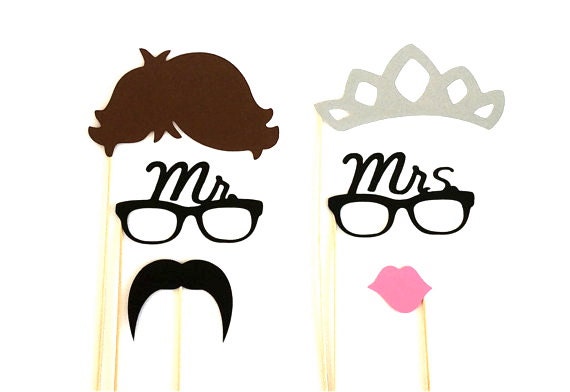Photo Booth Props Set of 6 Mrs and Mrs Glasses Glitter Tiara Mustache Kiss Lips Wedding Photo Booth Props Party Decorations