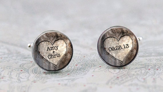 Rustic Wedding Cufflinks, Personalized Name and Wedding Date Cuff Links for the Groom, Heart