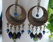 Gypsy Moon Earrings, Dangle earrings, chandelier earrings, bohemian gjewelry, gypsy jewelry, blue, purple, brass