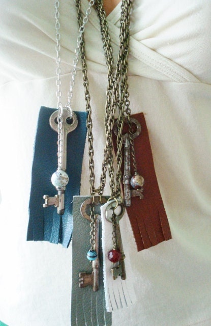 Custom Reverie Necklace, Skeleton key necklace, Rustic, Bohemian, Made to Order, Boho, Eclectic, Leather, Stone, vintage Key