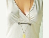 Chalcedony Vintage Skeleton Key Statement Necklace, Bohemian Jewelry, Modern Boho, Long, Yellow
