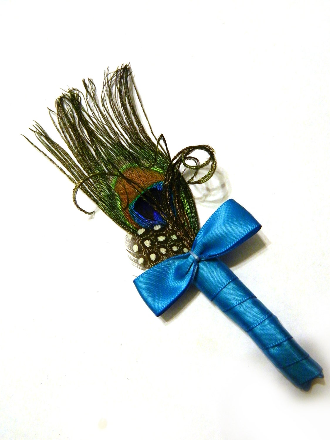 Peacock themed feather boutonniere (Classic Design) Customize your feather color and ribbon colors - Comes with instructions on how to wear