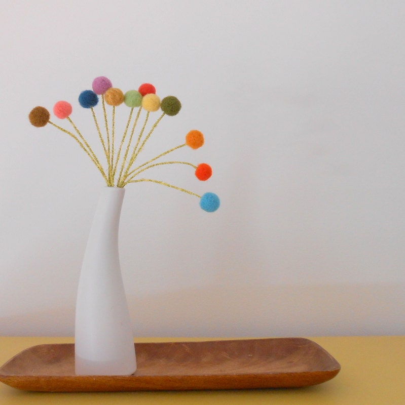 Multicolored wool craspedia.  Atomic home decor.  Wool felt flower bouquet.  Small pompoms.  Boho chic.