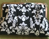Black Damask with Orange Polka-Dot Lining Clutch Handbag