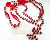 Art Deco Flapper Sautoir Red Clear Glass Bead Tassel Necklace