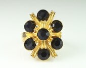 Vintage Modernist Black Rhinestone Gold Tone Cocktail Ring