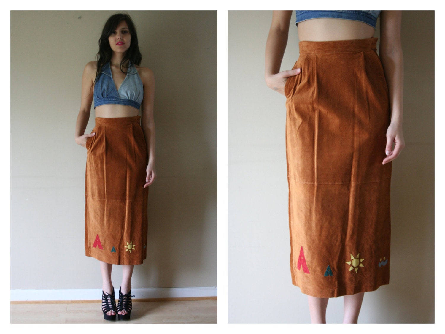 Leather Skirt / 70s 80s Patchwork Suede Pencil Maxi Skirt / Burnt Orange Novelty TIPI Yellow Sunshine Blue Water Size Small sm (0-2-4)