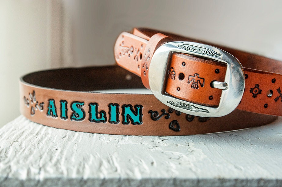 Custom Leather Kids Belt - Name belt - pick your stain color, font and decoration - Children's accessory gift