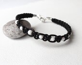 Black leather bracelet white glass knotted macrame makrame men women unisex handmade