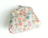 Small Clasp Pouch - Retro Flowers in Blue, Pink and Cream