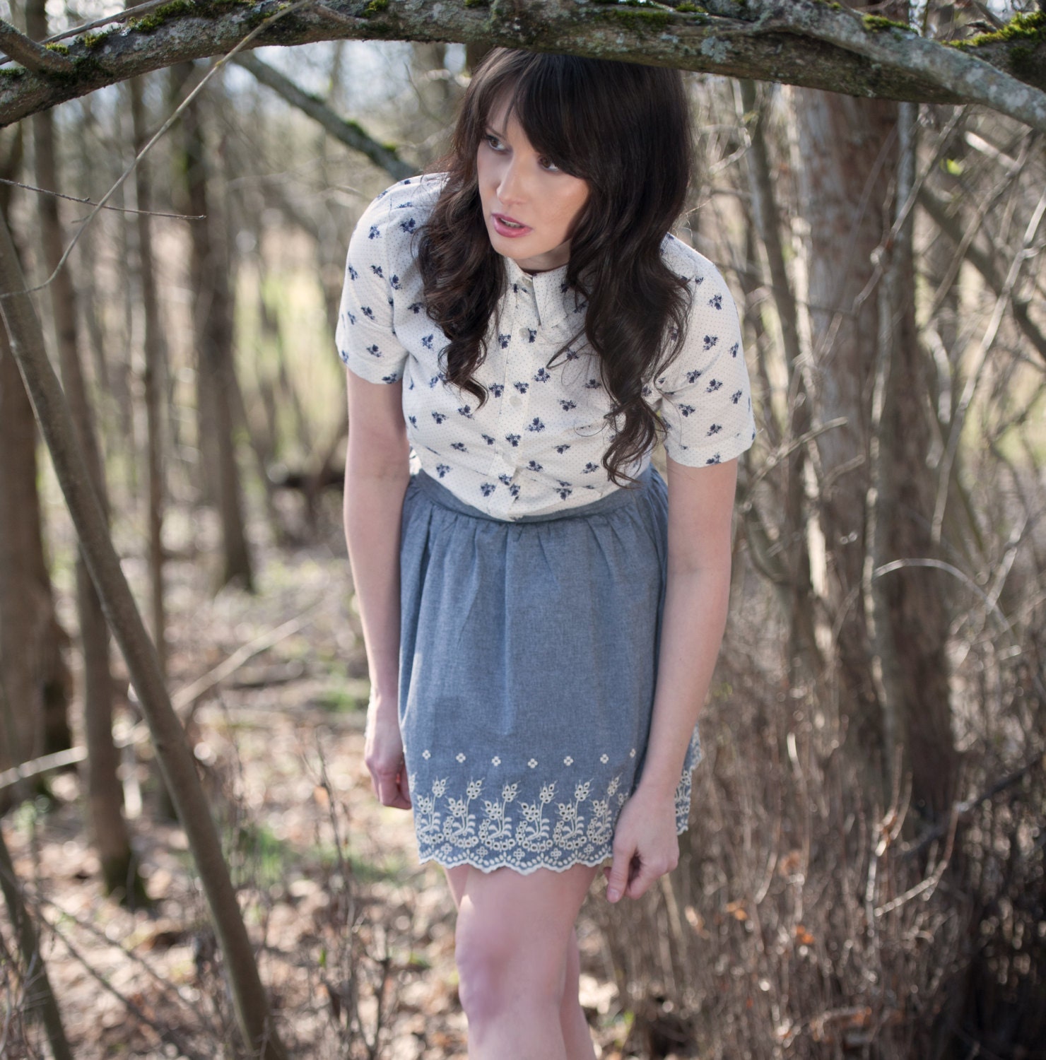 Scallop edge lace skirt - summer sky blue high waist full gathered, picnic woodland forest outdoors - small