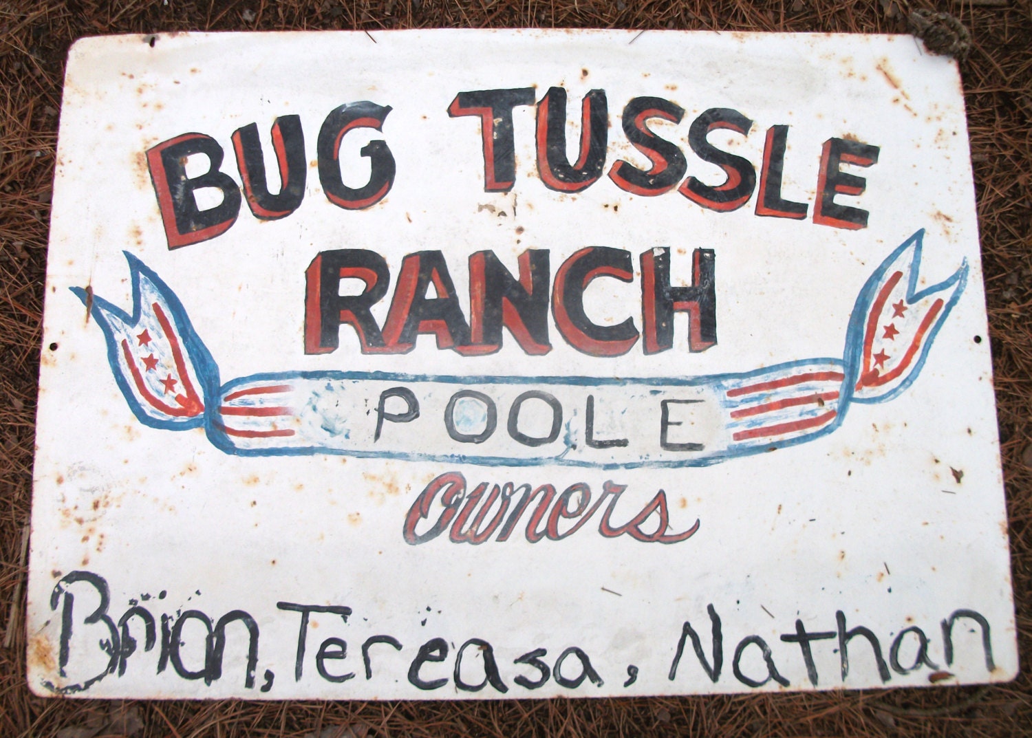 Antique Worn White Rustic Lookin Bug Tussle Ranch Metal Sign for decoration or table top