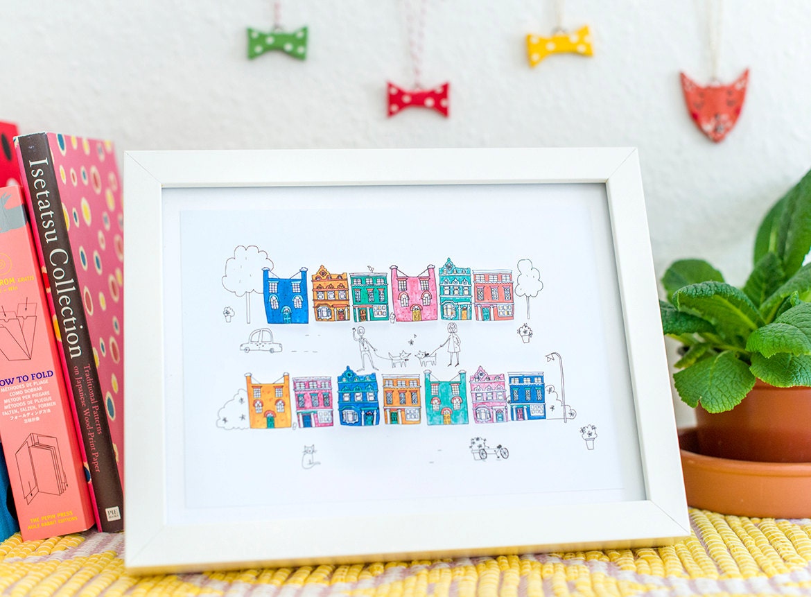 Colourful Houses Village Giclee A5 Print