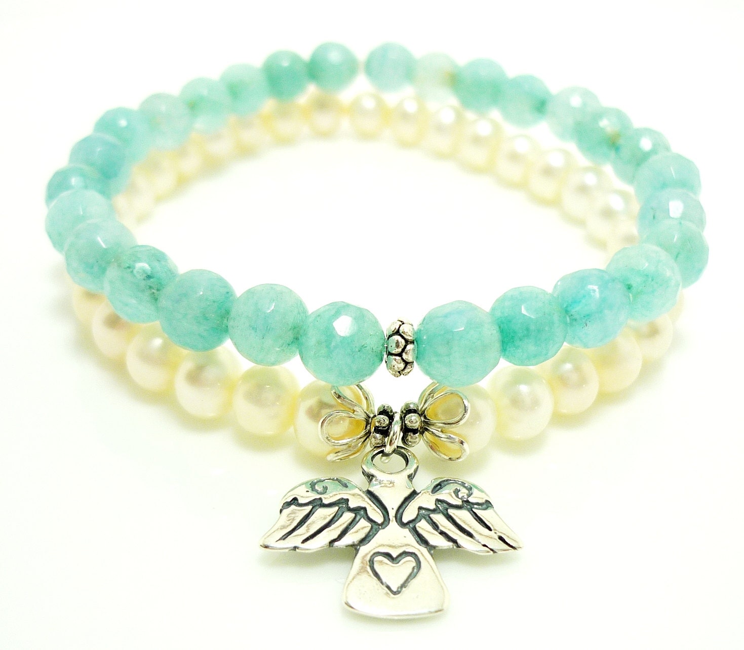 Freshwater Pearl Aquamarine Bracelet Set, Angel Charm Bracelet, Pearl Stretch Bracelet, Aquamarine Stretch Bracelet, Beadwork Bracelet