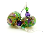 Green Purple Earrings, Boro Earrings, Lampwork Earrings, Glass Earrings, Glass Bead Earrings, Beadwork Earrings