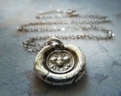 Bee Wax Seal Necklace. Recycled Fine Silver Victorian Pendant. Sterling Silver Chain. Petite Mini