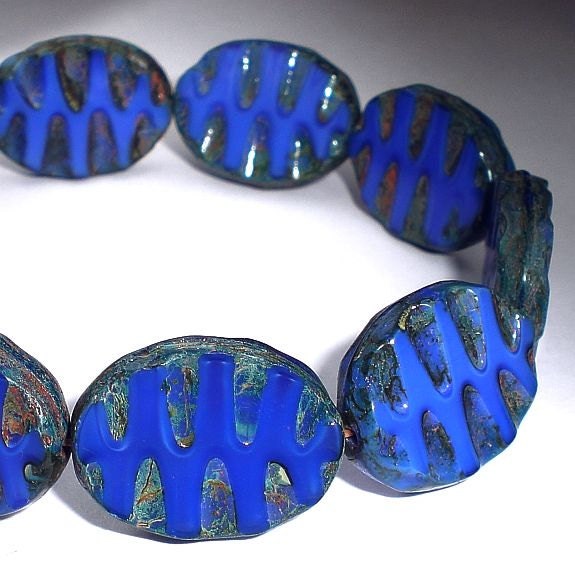 Picasso Czech Glass Beads 18mm Carved Oval Bead Sapphire Blue 4 Pcs. O-049