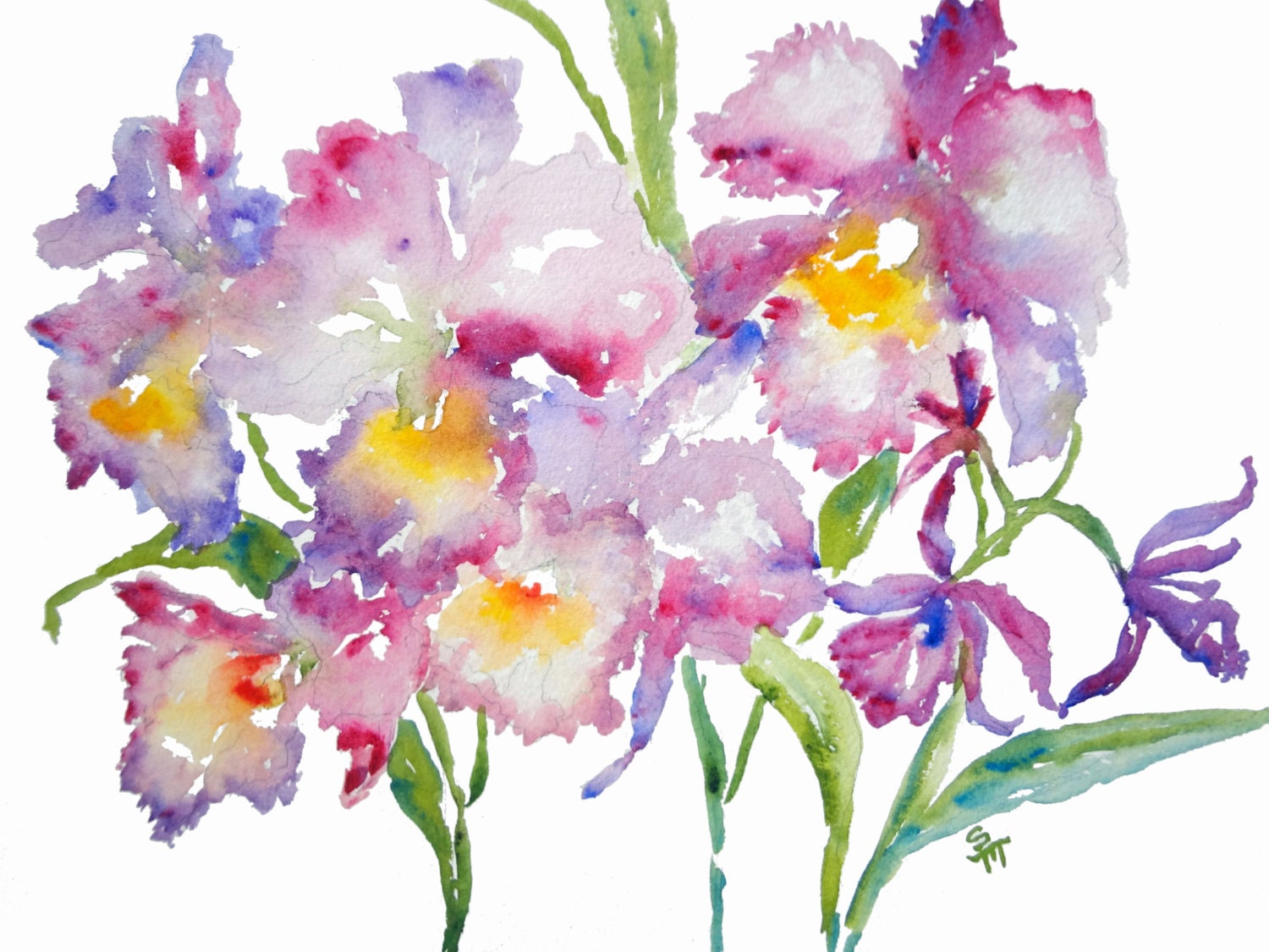 Purple Orchids on Display, Watercolor Flowers Fine Art Print, 8x10