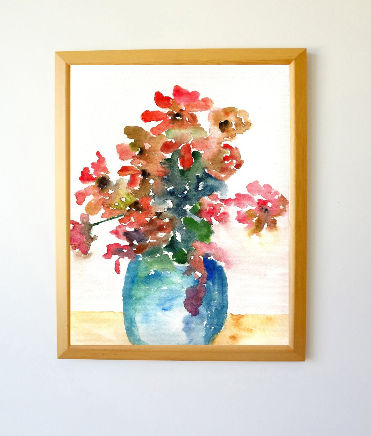 Blue Vase with Flowers Watercolor, Fine Art Print 8.5x11, Watercolor Flowers