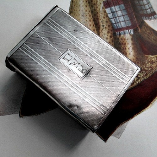 vintage silver smoking accessory cigarette case box tobacco monogramd film noir forties fifties fim noir gangster style cigarette case box sterling silver well loved